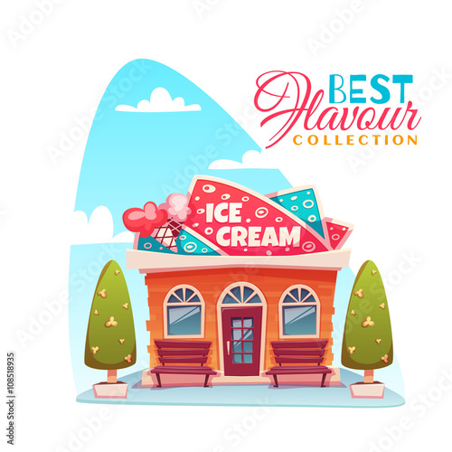 Vector illustration of ice cream shop building. Best flavour collection banner.