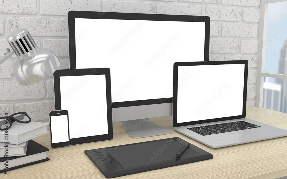 Fototapeta premium Responsive mockup screen. Monitor, laptop, tablet, phone on table in office. 3d rendering.