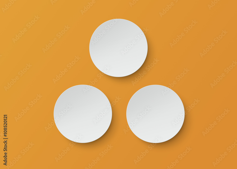 three white plate on orange background with clipping path.