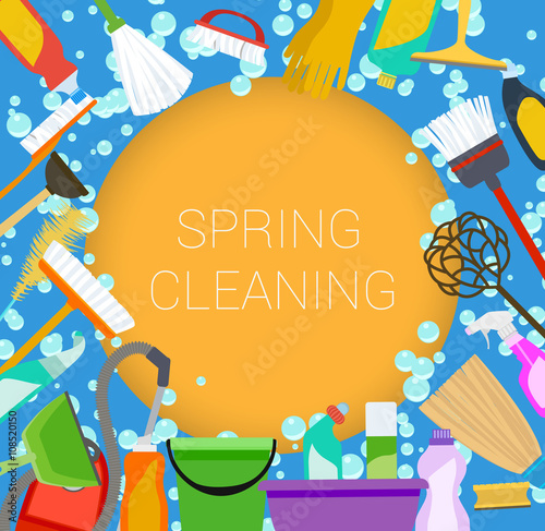 Spring cleaning supplies frame on orange and blue