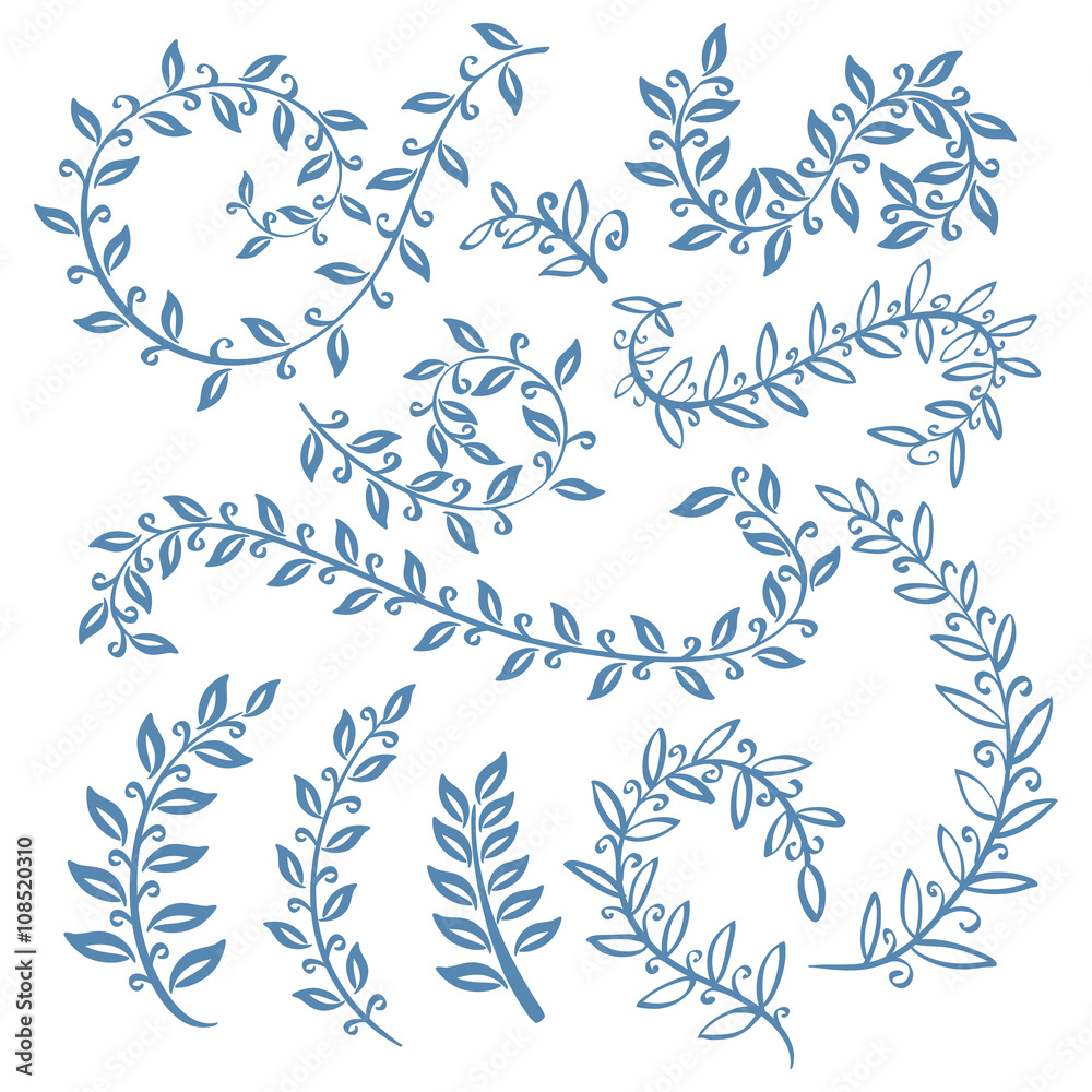 The set of hand drawn vector circular decorative elements for your design. Leaves, swirls, floral elements.