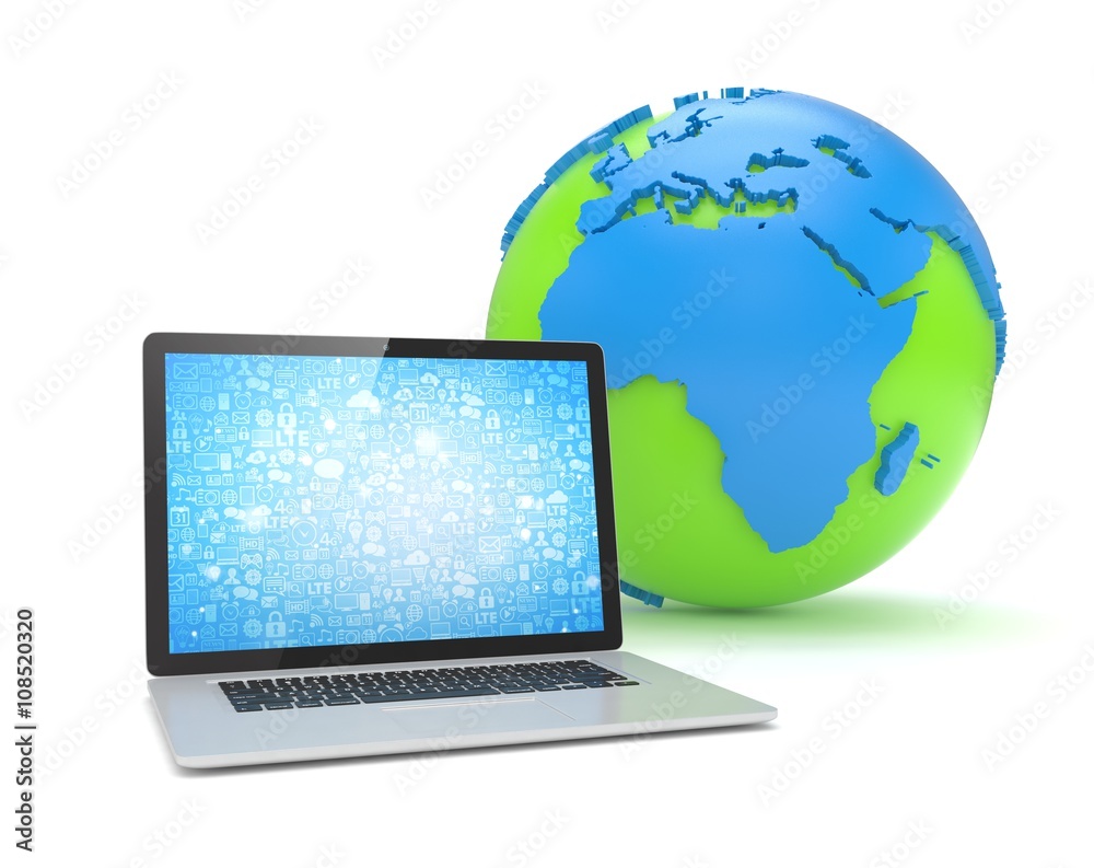 Laptop network and earth globe. 3d render Laptop network and earth globe. 3d render