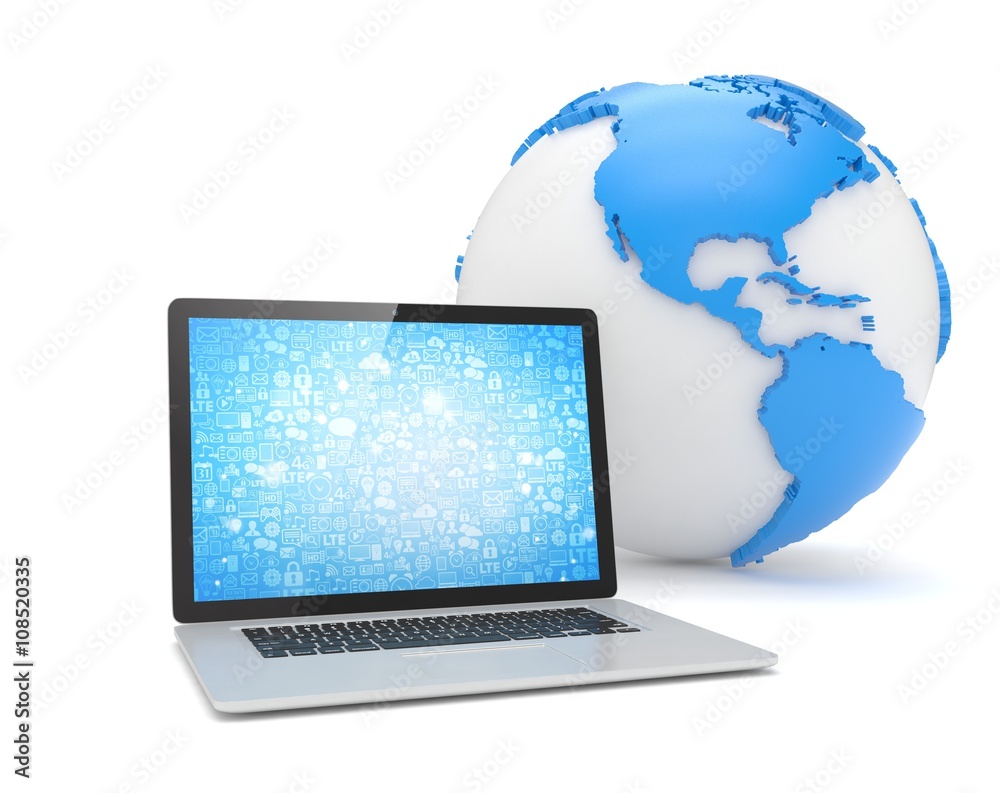 Laptop network and earth globe. 3d render Laptop network and earth globe. 3d render
