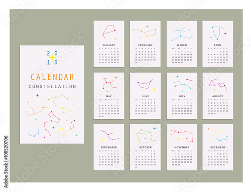 Calendar constellation of 2016. Vector illustration. Isolated