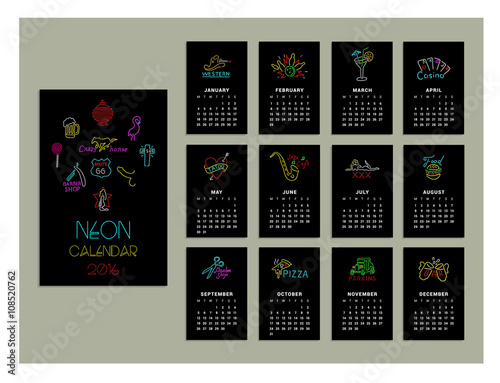 Neon calendar of 2016. Vector illustration. Isolated