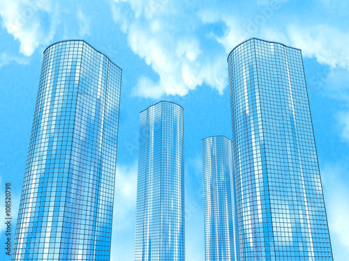 Four skyscrapers on a background of sky and clouds.  3D illustration