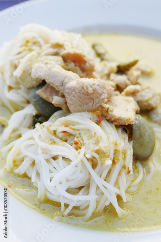 rice noodel with green curry, exotic asian food photo