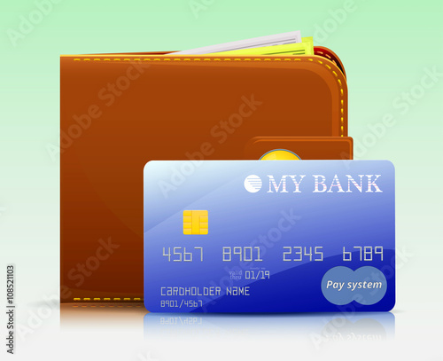 Bank card and a leather purse / Blue bank card and stylish leather wallet