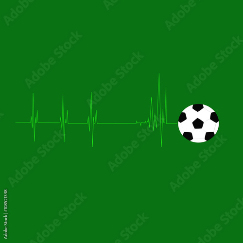 Heart rate signal and football in green fields background, vector illustration.