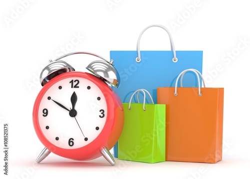 alarm clock and shopping bag (time to buy concept). 3d rendering.