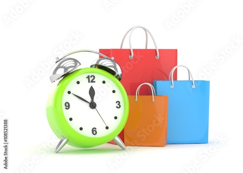 alarm clock and shopping bag (time to buy concept). 3d rendering.