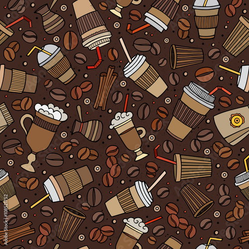 Cartoon hand-drawn coffee shop seamless pattern