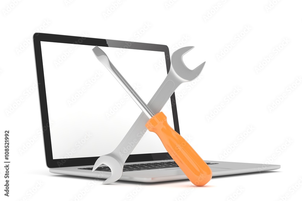 3D Illustration Wrench and screwdriver on laptop, service concept 3D Illustration Wrench and screwdriver on laptop, service concept
