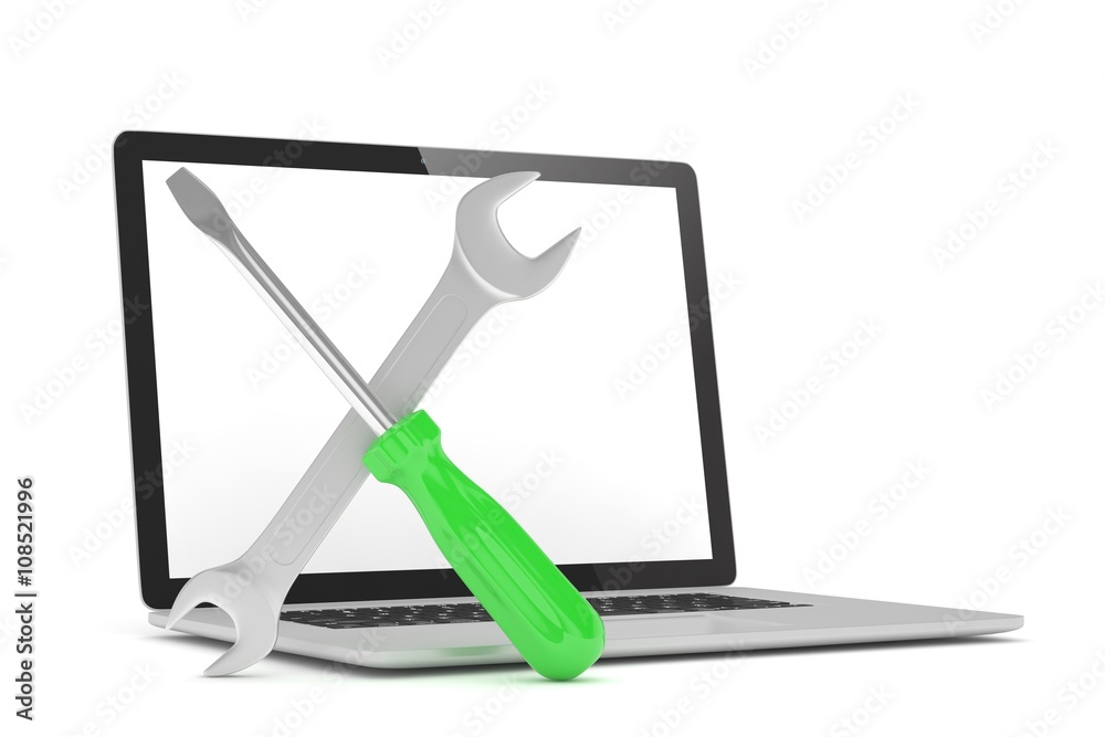 3D Illustration Wrench and screwdriver on laptop, service concept 3D Illustration Wrench and screwdriver on laptop, service concept