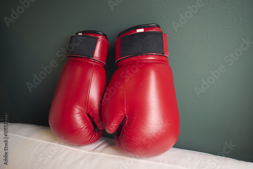 Boxing gloves on a green background. © jamesteohart