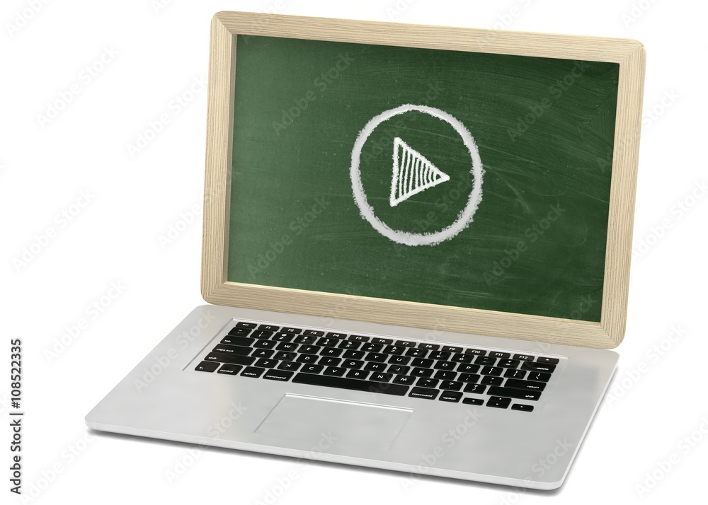 Laptop with chalkboard, online video education concept. 3d rendering. Laptop with chalkboard, online video education concept. 3d rendering.