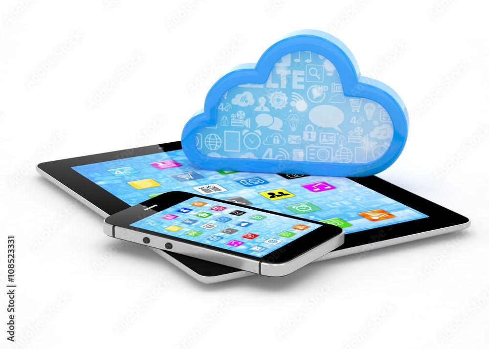 tablet pc, smart phone and cloud. 3d rendering. tablet pc, smart phone and cloud. 3d rendering.