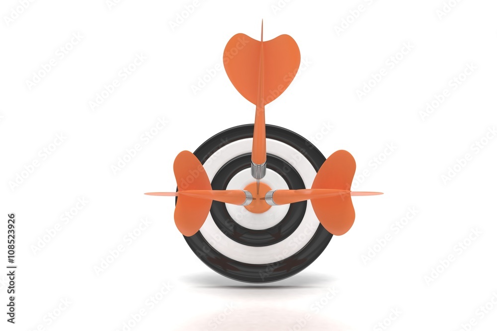 Three arrows darts in center. 3d rendering. Three arrows darts in center. 3d rendering.