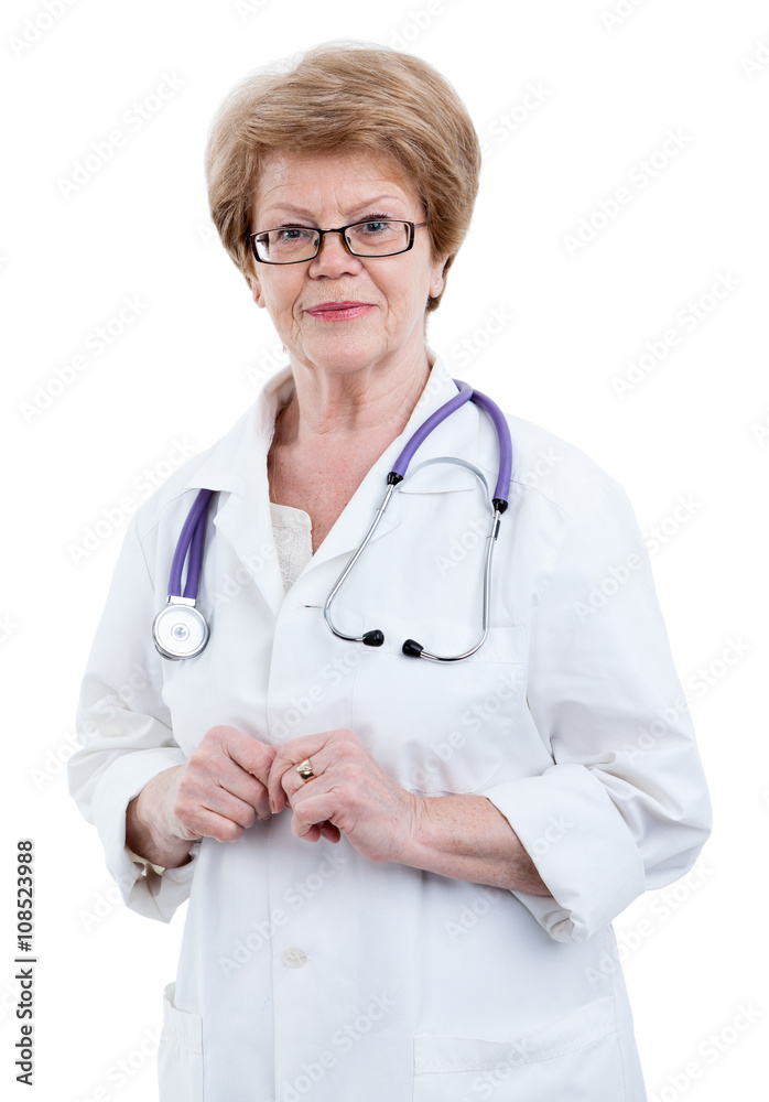 Frendly smiling an elder Caucasian doctor looking at camera, isolated on white background Frendly smiling an elder Caucasian doctor looking at camera, isolated on white background