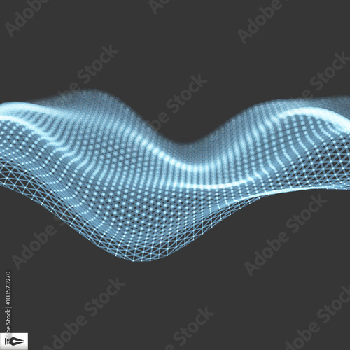 Wave with Connected Lines and Dots. Glowing Grid. Connection Structure. Wireframe Vector Illustration.