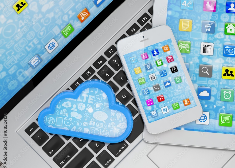 laptop, tablet pc, smart phone and cloud. 3d rendering. laptop, tablet pc, smart phone and cloud. 3d rendering.