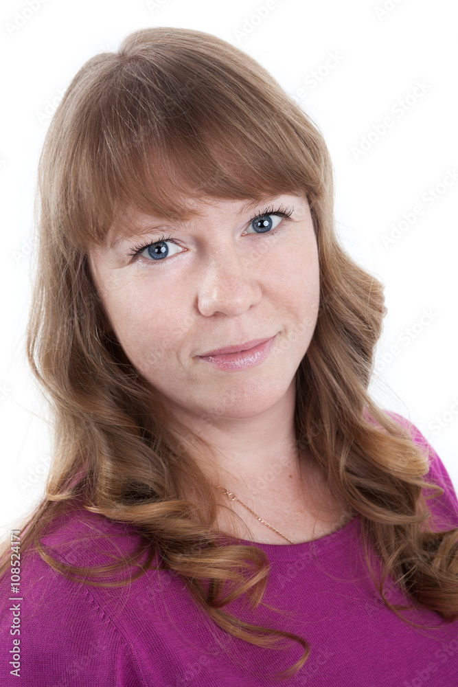 Portrait of a young woman with curly hair and blue eyes, isolated on white background Portrait of a young woman with curly hair and blue eyes, isolated on white background