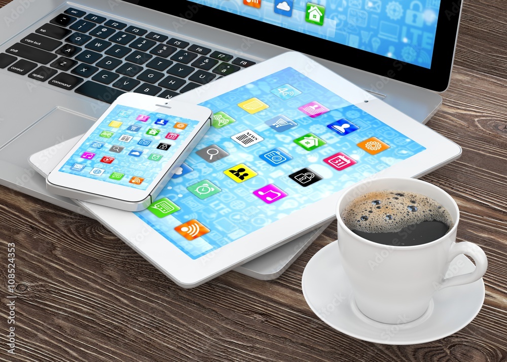 Laptop, phone and tablet pc. 3d rendering. Laptop, phone and tablet pc. 3d rendering.