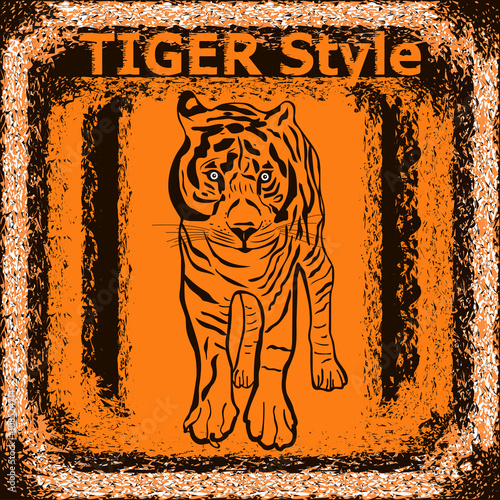 Trademark with tiger. Tiger label design with hand drawn tiger for posters, t-shirts, greeting cards etc. Vector illustration.