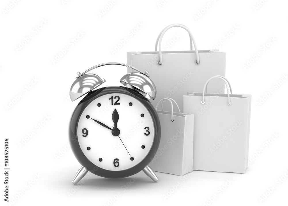 alarm clock and shopping bag (time to buy concept). 3d rendering. alarm clock and shopping bag (time to buy concept). 3d rendering.