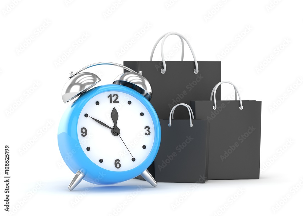 alarm clock and shopping bag (time to buy concept). 3d rendering. alarm clock and shopping bag (time to buy concept). 3d rendering.