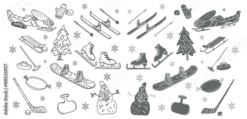 Winter games. Doodle set. Isolated