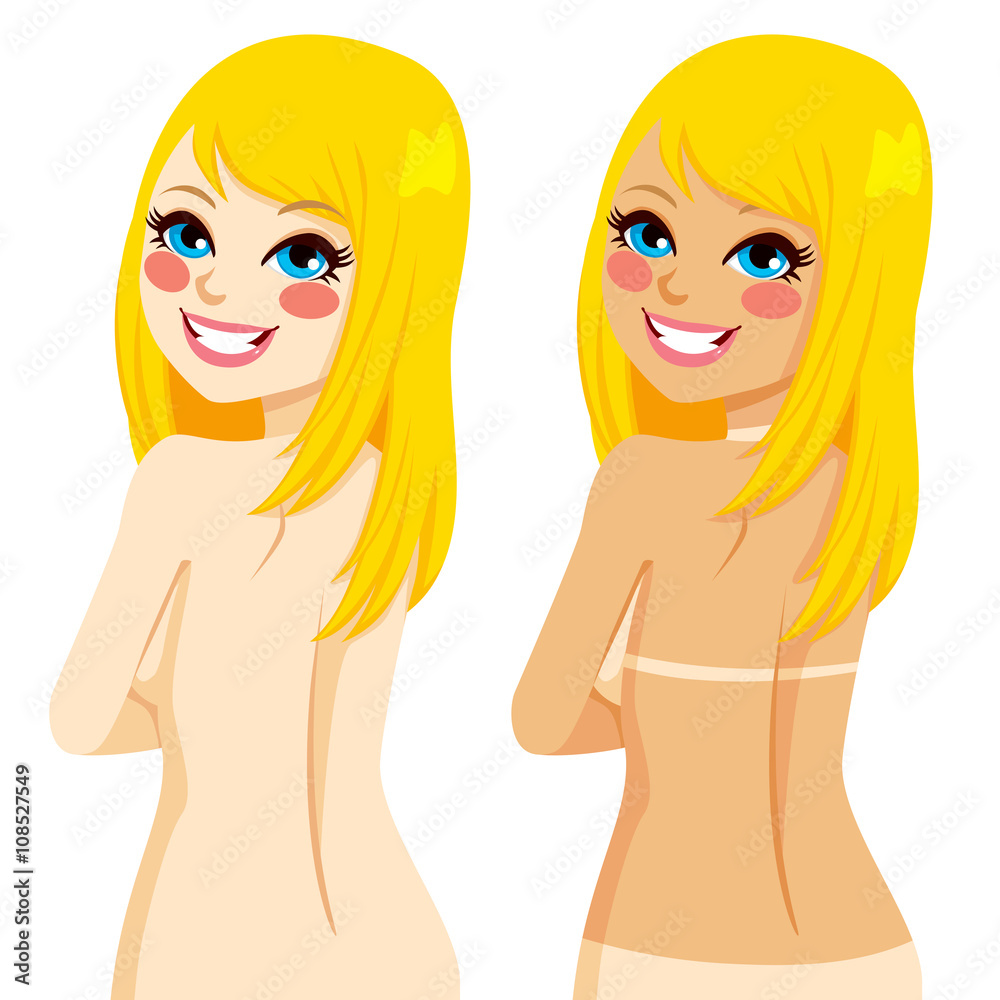 Young beautiful blonde woman showing natural skin tone and bikini tan lines before and after tanning Young beautiful blonde woman showing natural skin tone and bikini tan lines before and after tanning