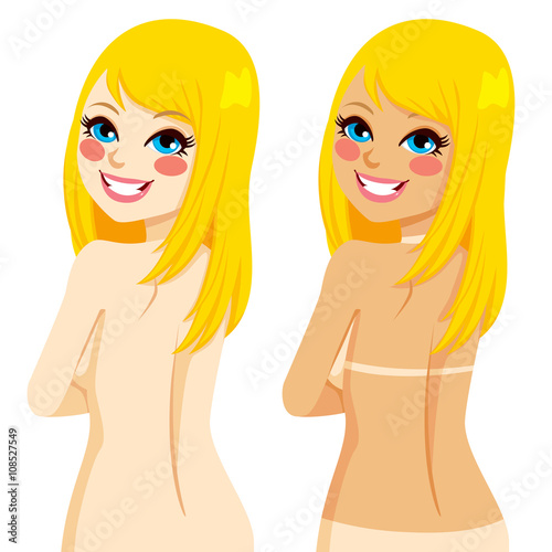 Young beautiful blonde woman showing natural skin tone and bikini tan lines before and after tanning