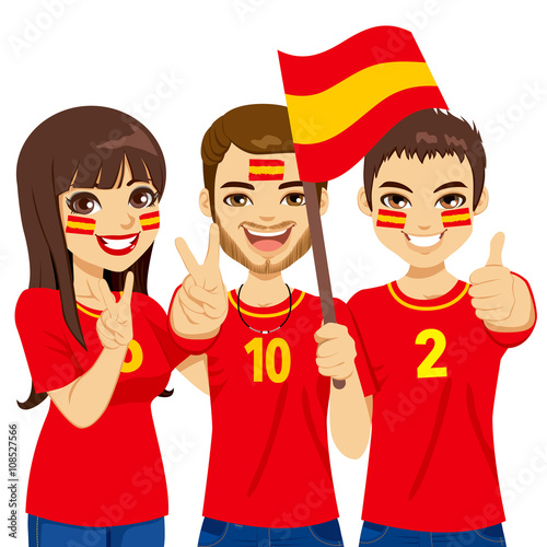 Young Spaniard soccer fans cheering their Spain national football team