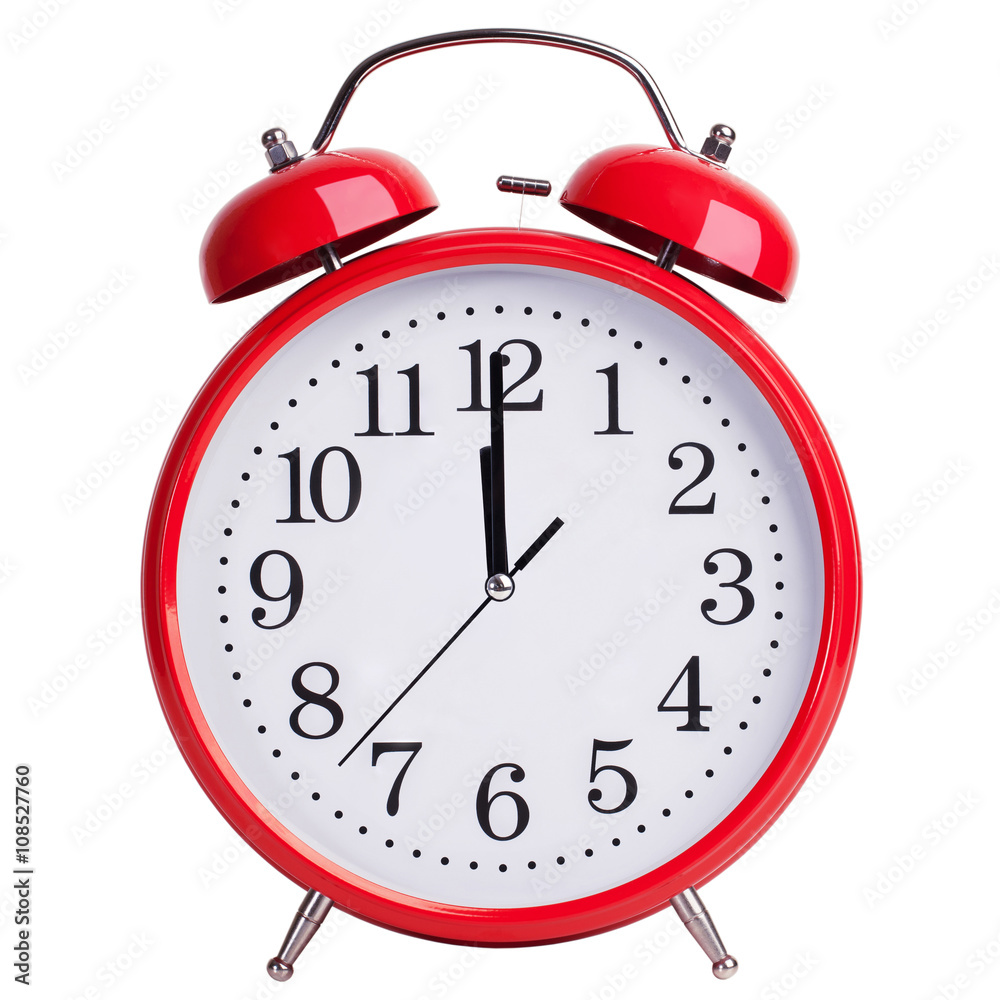 Red alarm clock shows five minutes to two Red alarm clock shows five minutes to two