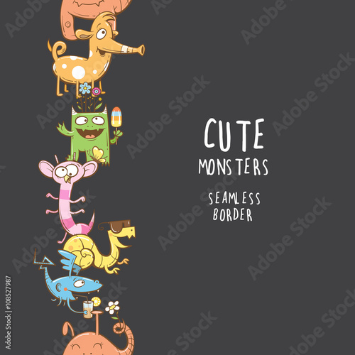 Seamless border with cute cartoon monsters on a dark background. Vector image.