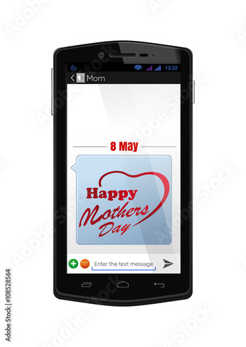 Mobile phone with the included screen. SMS-message to the Mothers Day. Realistic smartphone with the screen on isolated on white background. Vector illustration