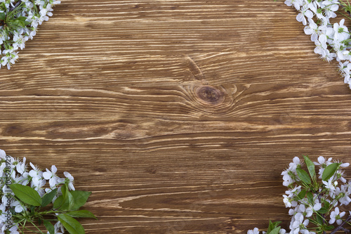 Flowering branch of cherry on the wooden board.