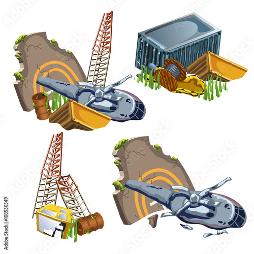 Helicopter crash and wreckage of equipment 