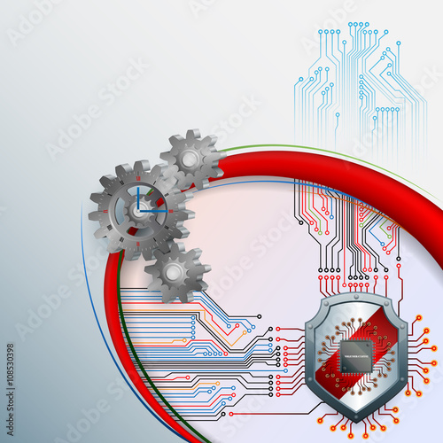 Abstract computer graphic with shield and 3d gears on electronic circuits backdrop