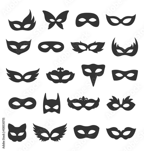 Set Collection of Black Carnival Masquerade Masks Icons Isolated