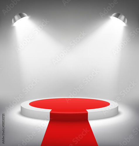 Illuminated Festive Stage Podium Scene with Red Carpet for Award