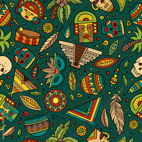 Cartoon hand-drawn latin american, mexican seamless pattern