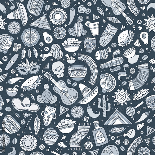 Cartoon hand-drawn latin american, mexican seamless pattern