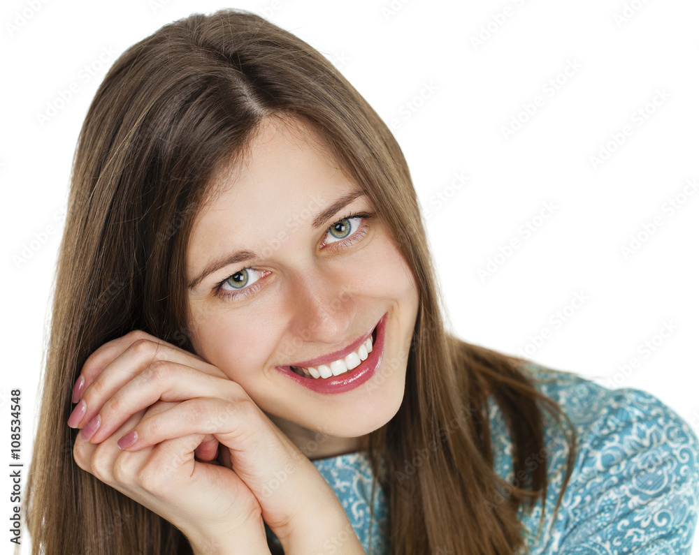 Portrait of a beautiful young woman in a turquoise dress on whit Portrait of a beautiful young woman in a turquoise dress on whit