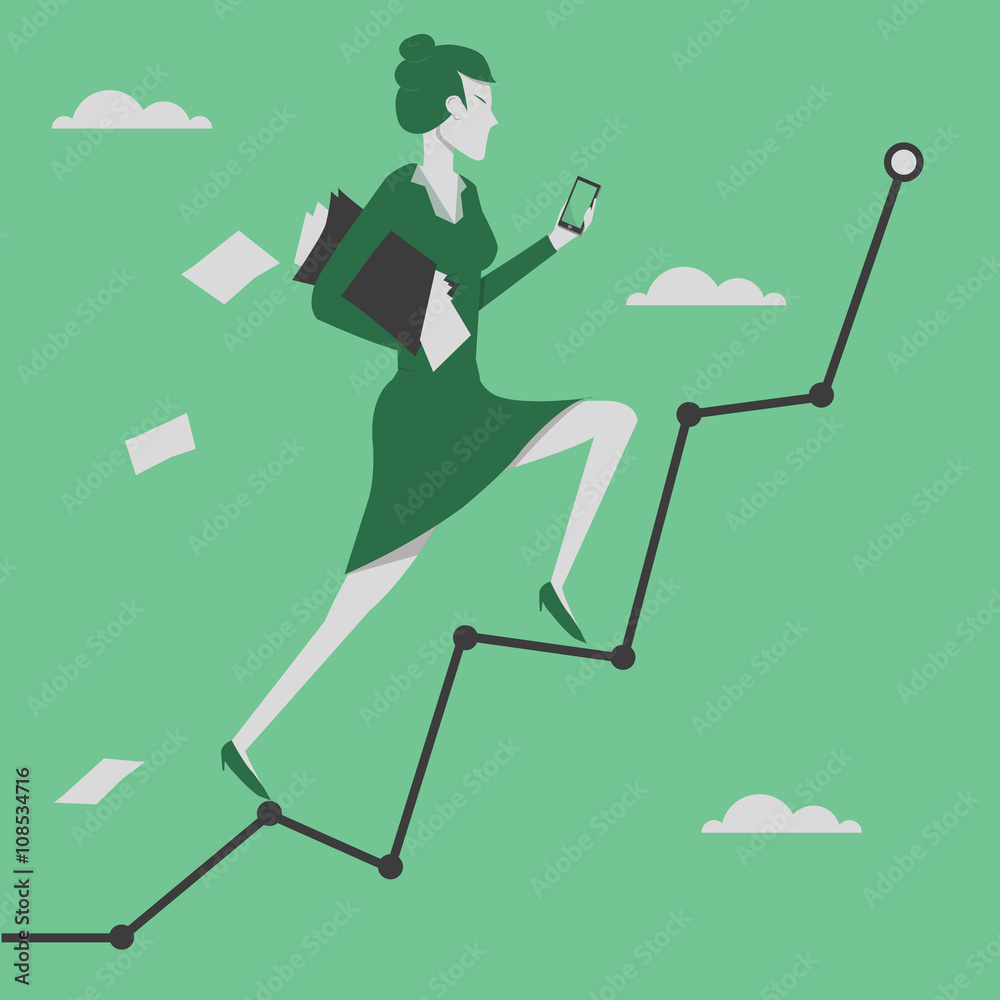 Fototapeta premium Business concept vector illustration. Woman reaching goal and holding smartphone in her hand