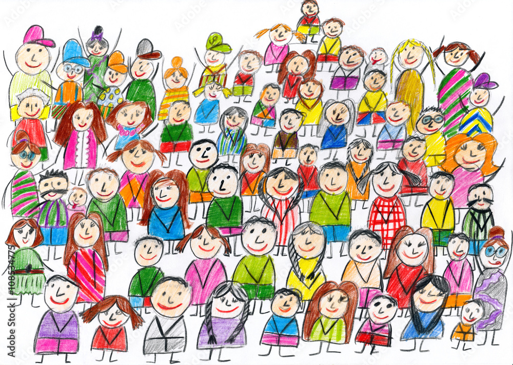 peoples team group portrait, children drawing object on paper, hand drawn art picture peoples team group portrait, children drawing object on paper, hand drawn art picture
