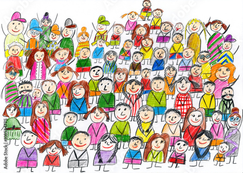 Photo peoples team group portrait, children drawing object on paper, hand drawn art pi