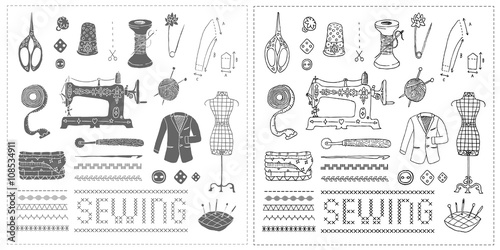 Illustration of vintage sewing accessories. Vector. Doodle. Isolated.