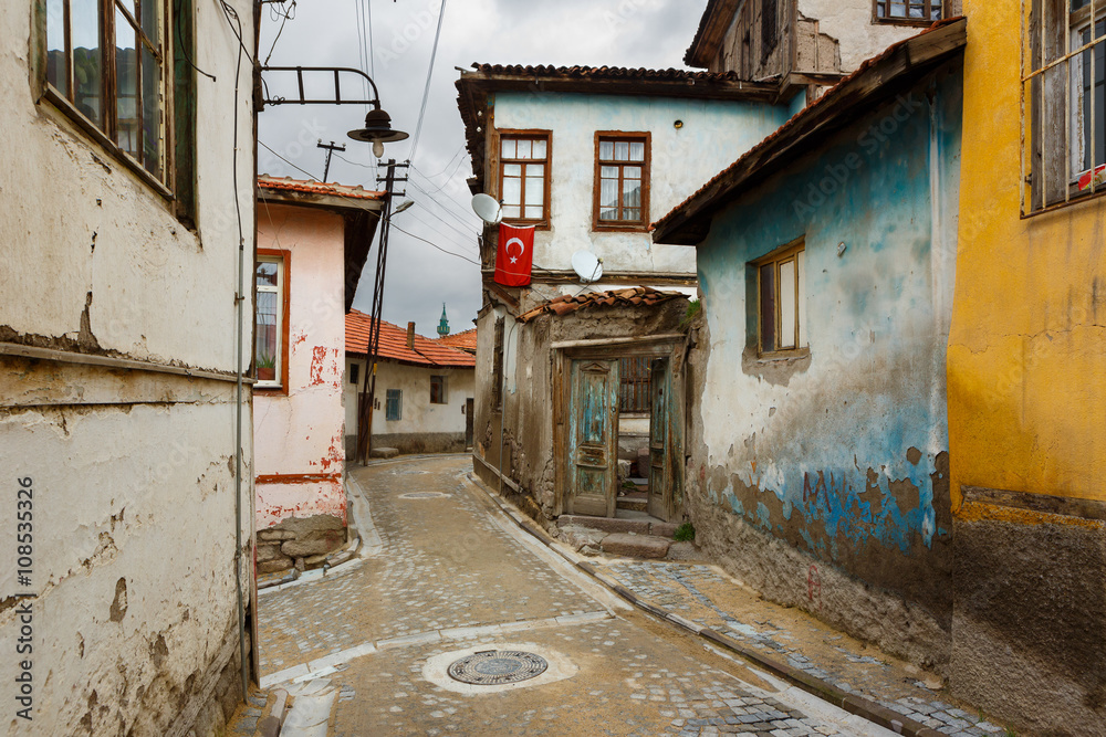 Narrow streets and historical houses in the old town of Ankara City, Turkey